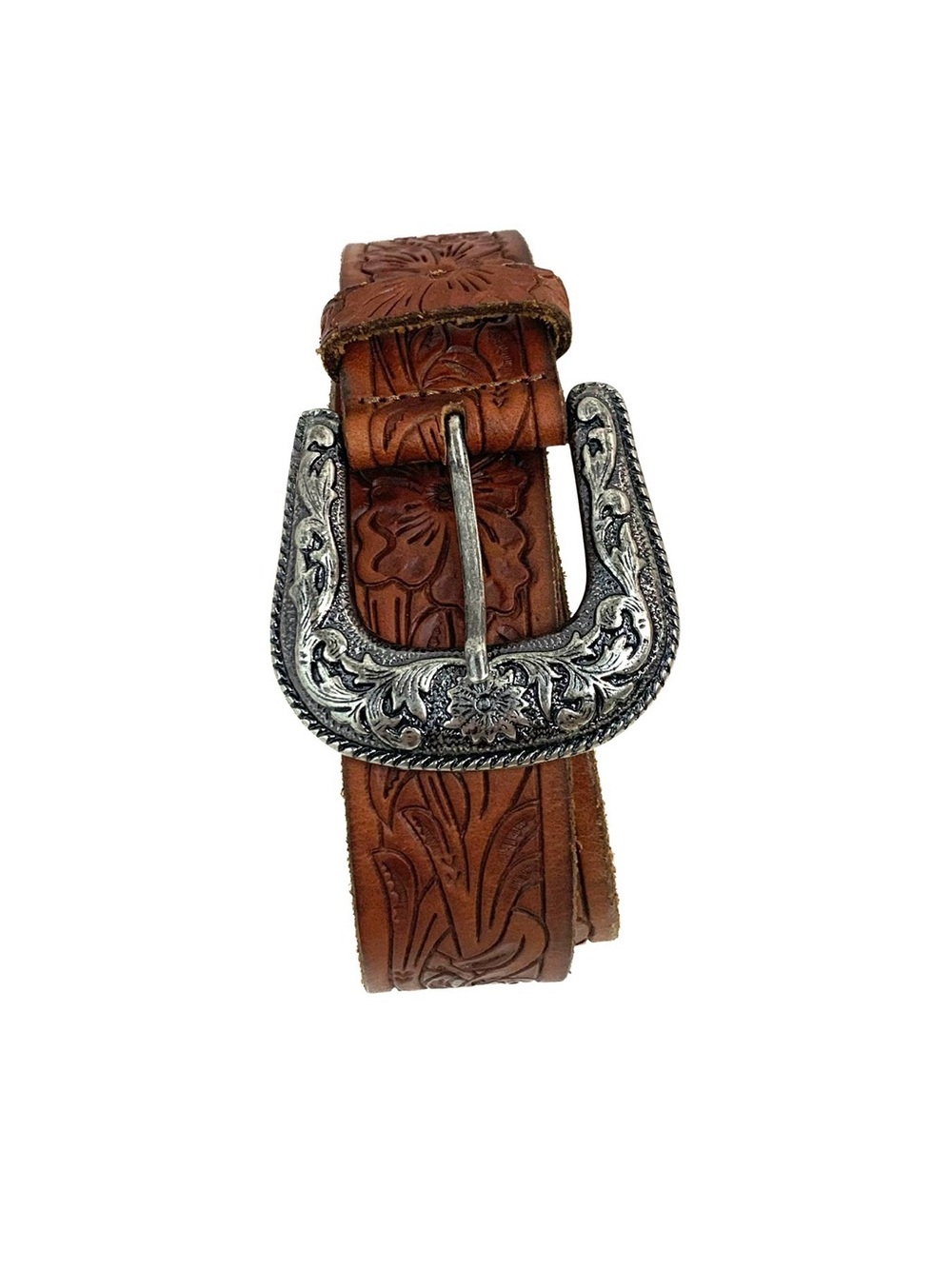 Lucky Brand Genuine Leather Tooled Belt Floral Silver Buckle Size S 32” Waist
